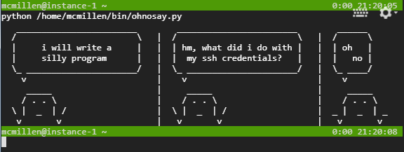 a three panel comic displayed on a linux terminal: "i will write a silly program" "hm, what did i do with my ssh credentials?" "oh no"