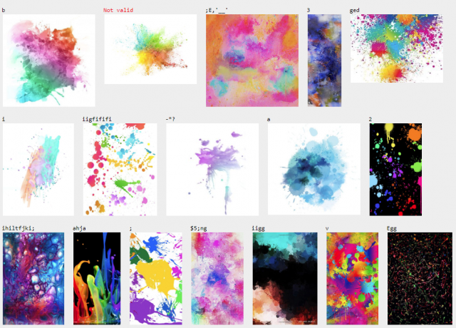 screenshot of 17 paint splatters, and the Perl programs they represent